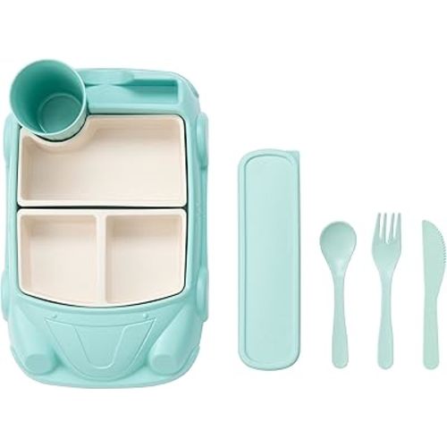 Car Plate 8Pcs/Set Bamboo Children Dinnerware Sets - Dishwasher/Microwave Safe Includes Cutlery, Beautiful Plate, Separable Bowls & Cup Happy MealTime, Light Green, YK-001