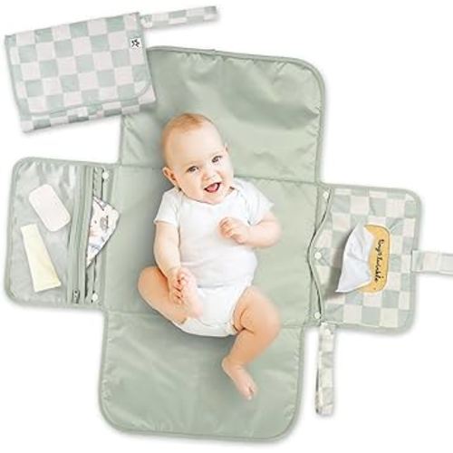 Tiny Twinkle Portable Diaper Changing Pad | Waterproof, Wipeable & Compact Baby Changing Pad for Travel | Smart Wipes Pocket & Organized Storage| Newborn Shower Gift (Sage Checkers)