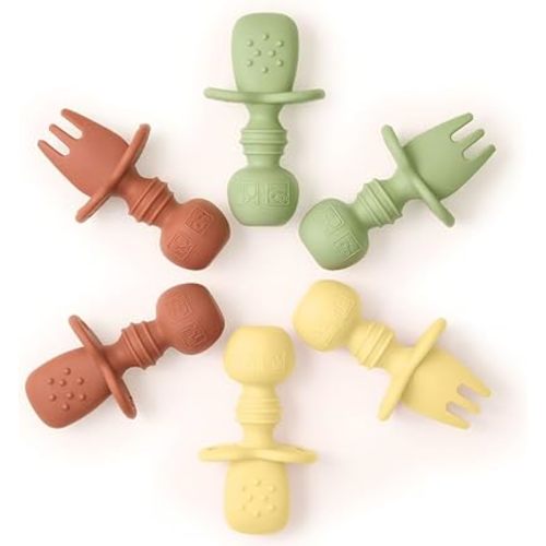 Tooshka® Baby Utensil Set (6 pcs) - Self Feeding Spoons - Silicone & BPA Free - Baby-Led Weaning (BLW) Supplies - Ages 6+ Months - Set of 6 - Brown, Green, & Yellow