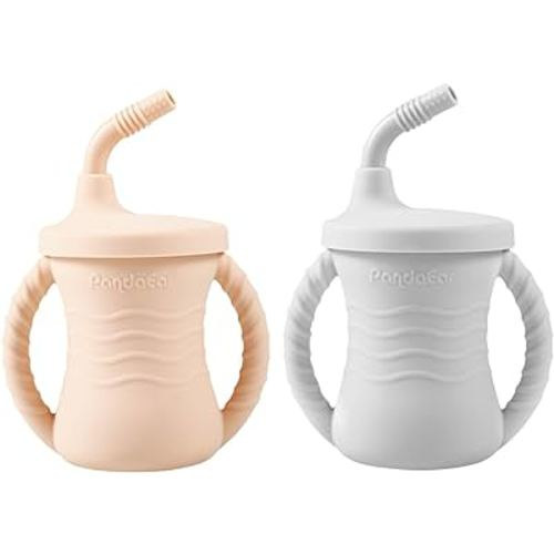 PandaEar Silicone Training Cup, 2 Pack Baby Drinking Sippy Cups with Handles & Straw for Baby and Toddler 6 Months+ (Pink&Grey)