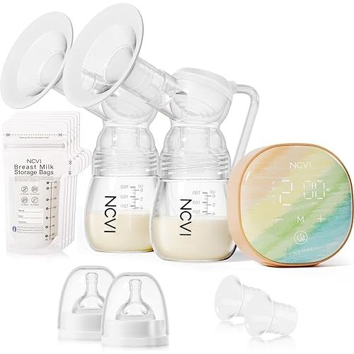 NCVI Double Electric Breast Pump 8122-2 with 4 Modes 9 Levels, Breastfeeding Pump with 21/24mm Flanges, Rechargeable Milk Pump Ultra-Quiet for Home & Travel, LED Touchscreen