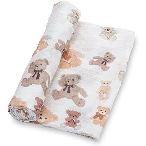 Swaddle Blanket | 100% Muslin Cotton | Gender Neutral Newborn and Baby Nursery Essentials for Girls and Boys, Registry | Teddy Bear Print