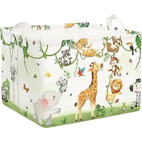 Giraffes Baby Laundry Hamper with Handle Collapsible Clothes Kids Storage Basket Elephants Boys Girls Gift Toy Box Bin for Nursery Room, White, 36L