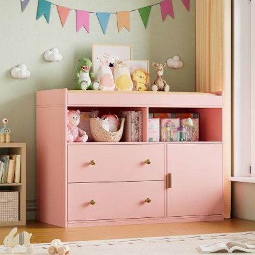 PAKASEPT 43.4" W Baby Changing Table with 2 Drawer, Pink Baby Dresser and Diaper Changing Station Organizer for Infants Newborn