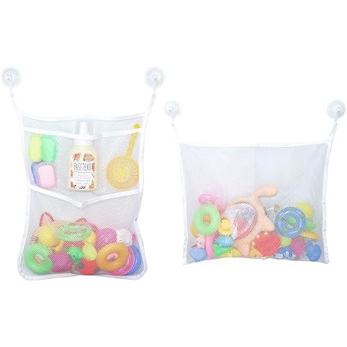 2 PCS Mesh Bathtub Toy Holder Bag, LEEFONE 18 x 14 Inch Bath Toy Organizer, 4 Ultra Strong Hooks, White