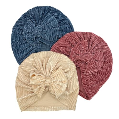 ZURLEFY 3 Pack Velvet Baby Turban Hats with Bow, Stretchy Baby Head Cover Beanies for Newborn, Toddler, Infant Head Wraps