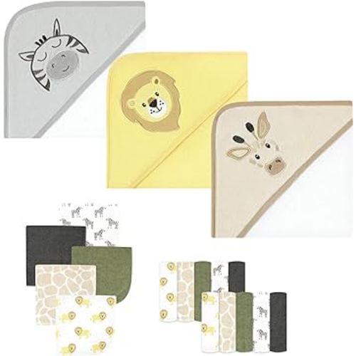 Hudson Baby Unisex Baby Animal Hooded Towel 3pk and 15 Washcloths, Safari, One Size