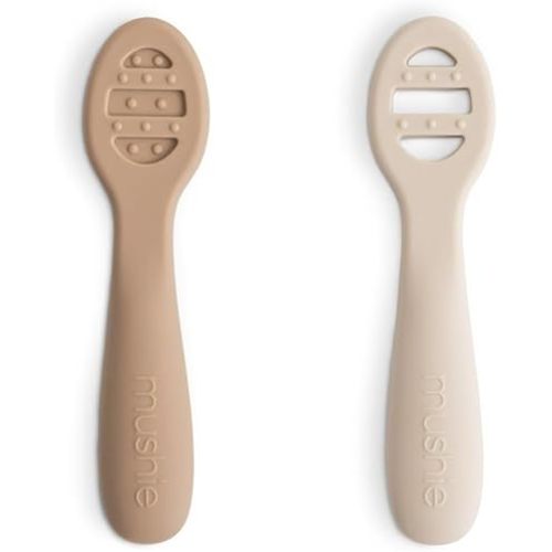 mushie Silicone First Feeding Baby Spoons | 2 Pack (Natural/Shifting Sand)