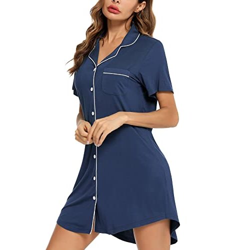 Samring Pajama Nightgown for Women Short/Long Sleeve Button Down Nightwear Top Boyfriend Sleep Shirts Nightdress S-XXL