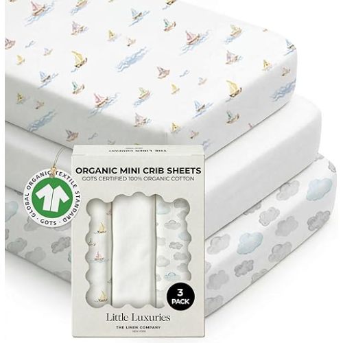 100% Organic Cotton Mini Crib Sheets (3-Pack) – GOTS Certified, Soft Fitted Sheets for Mini Mattress & Pack n Play, 5 in Deep Pocket with Secure Elastic Fit, Boys & Girls, (27" x 39") Watercolors