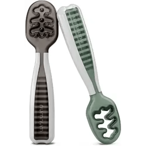 NumNum Baby Spoons Set, Baby Essentials Pre-Spoon GOOtensils for 6+ Months, First Stage Self-Feeding Spoons for Baby Led Weaning (BLW), Silicone Toddler Utensils, BPA-Free, 2 Pack Gray/Green