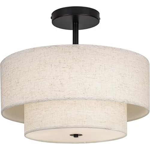 18 Inch Large Semi Flush Mount Ceiling Light Fixture with Dual Drum Design, Farmhouse Fabric Linen Shade for Bedroom, Living Room, Kitchen, and Dining - Modern Chandelier Lamp