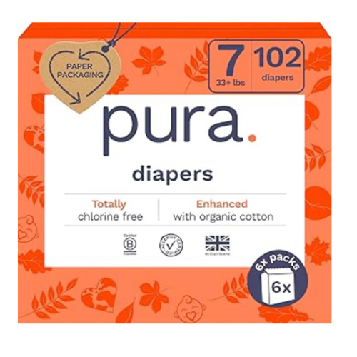 Pura Size 7 Eco-Friendly Diapers (33+lbs) Hypoallergenic, TCF, Soft Organic Cotton, Sustainable, up to 12 Hours Leak Protection, Allergy UK, Recyclable Paper Packaging, 6 Packs of 17 (102 Diapers)