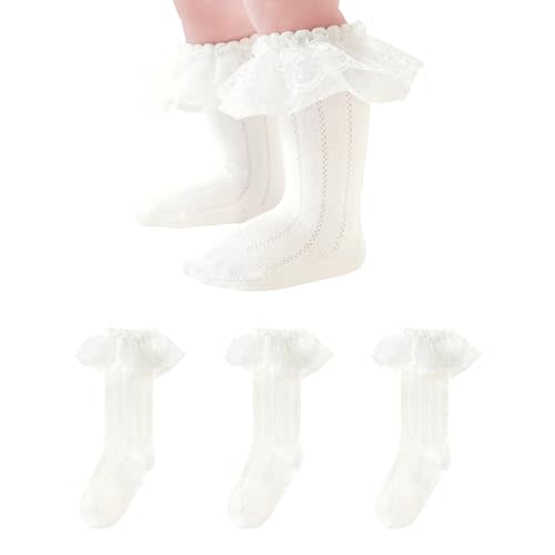 Meeshine Baby Girls Knee High Socks Toddler Long Tube Seamless Stockings Frilly Ruffle Lace Dress Socks for 0-12M/1-3T/3-5T