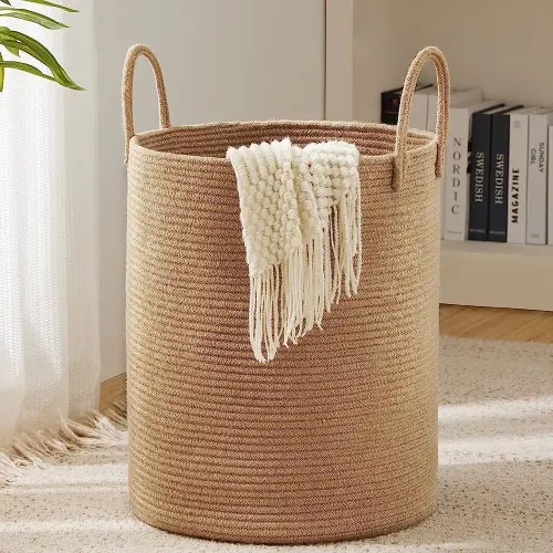 Jute Rope Laundry Hamper Basket by YOUDENOVA, 58L Tall Laundry Basket, Baby Nursery Hamper for Blanket Storage, Clothes Hamper for Laundry in Bedroom-Large-Jute