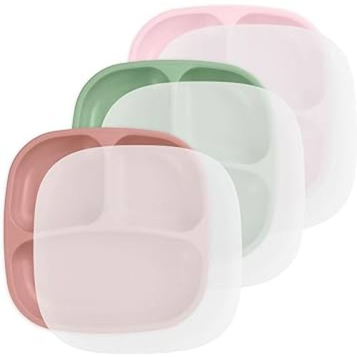 Re-Play Made in USA 7" Deep Walled Divided Plates for Kids, Set of 3 With 3 Lids - Reusable 3 Compartment Plates, Dishwasher and Microwave Safe - 7.37" x 7.37" x 1.25", Desert Roses