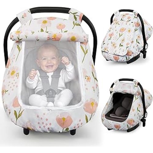 Elstey Car Seat Cover Baby, Minky Dot Carseat Covers Baby Girls, Lightweight Infant Car Seat Cover Canopy with 2 Layers Breathable Mesh Windows, Stroller Carrier for Babies Newborn Essentials