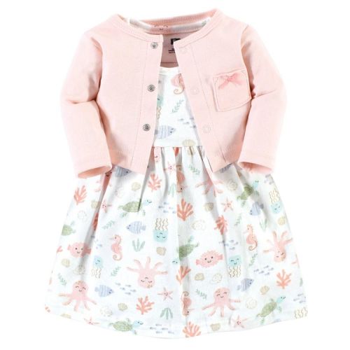 Hudson Baby Infant Girl Cotton Dress And Cardigan Set, Pastel Sea, 6-9 Months