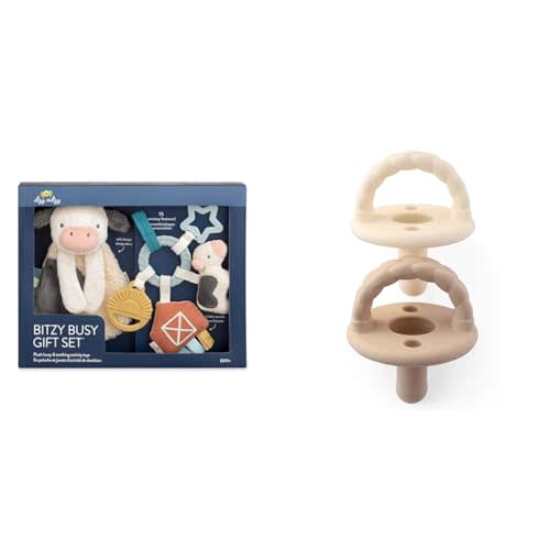 Itzy Ritzy Farm Toy Gift Set - includes Cow Lovey & Farm-Themed Car Seat and Stroller & Silicone Pacifiers for Newborn - Sweetie Soother Pacifiers Feature Collapsible Handle & Two Air