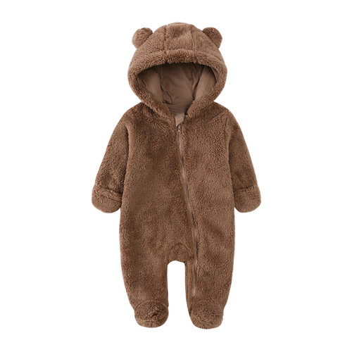 Infant Winter Snowsuit Baby Boys Girls Bear Ear Fleece Hooded Footed Jumpsuit Coffee 6 Months-9 Months