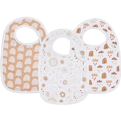 Snap Muslin Bibs for Girls, 3-Pack Baby Bibs for Infants, Newborns and Toddlers, 100% Cotton Muslin Absorbent & Soft Layers, Adjustable Snaps,"Rainbow,Cosmos,Clouds"