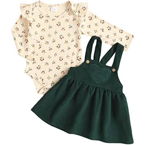 Kucnuzki Newborn Baby Girl Clothes Toddler Long Sleeve Ruffle Romper Top Infant Skirt Set Little Girl Overall Dress