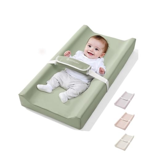 COMOMY Baby Changing Pad with Wipeable & Waterproof PU Cover, Contoured Diaper Changing Pad for Dresser with Non-Slip Safety Belt, Portable and Lightweight, Large Cushioned Foam, Green