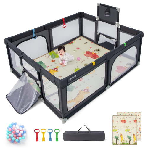 INFANS Baby Playpen, Large Play Yard with Mat, Balls, Rings, Hoop, Gates, Indoor Activity Center (Dark Gray)
