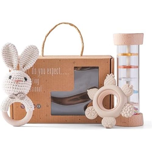 Youuys Wooden Baby Rattle Set (3pcs) - Crochet Rattle Rain Stick Teething Toys, Wooden Montessori Toy for Newborn Infant Baby Rattles Set Toys 3-6 Months (Bunny)
