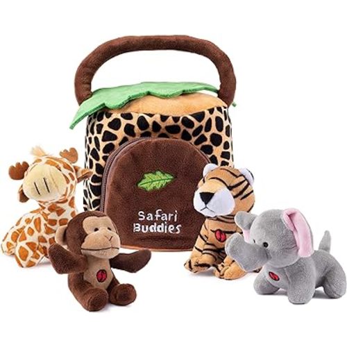 Talking Plush Jungle Animals Set: 4 Soft Safari Toys - Elephant, Monkey, Giraffe, Tiger & Jungle House Carrier