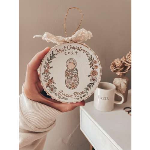 Baby's First Christmas Ornament: Custom Watercolor Wildflower Portrait