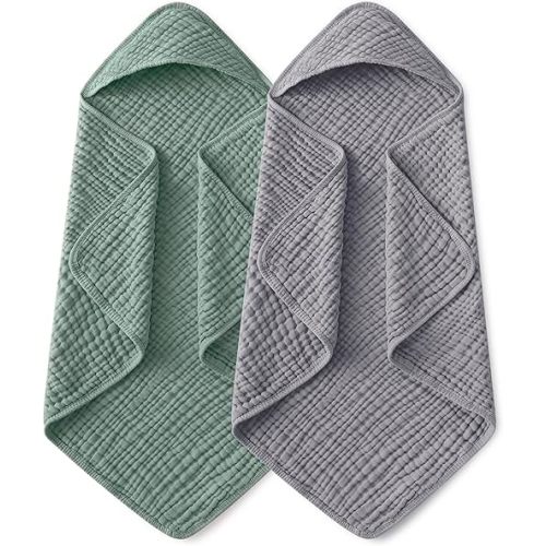 Yoofoss Hooded Baby Towels for Newborn 2 Pack 100% Muslin Organic Cotton Baby Bath Towel with Hood for Babies, Infant, Toddler and Kids,37.5"x37.5",Soft and Absorbent Newborn Essential,Grey&Dark Green