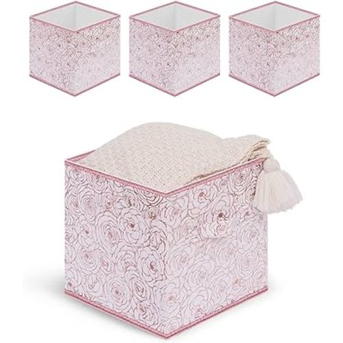 Fabric Storage Cube Bins, 13x13x13 Inch Floral Cube Storage Bins, Collapsible Cubby Organizer, Shelf Basket Dual Handles For Nursery/Home Office/Closet/Kids Room/4-Pack(Flower Rosegold)