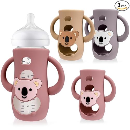 Juome Silicone Sleeves with Handles for Avent Natural Glass Baby Bottle - 3 Pack Koala Shape Anti Breakage Baby Bottles Holder, Compatible with Philips Avent Anti Colic Baby Bottles 8 oz