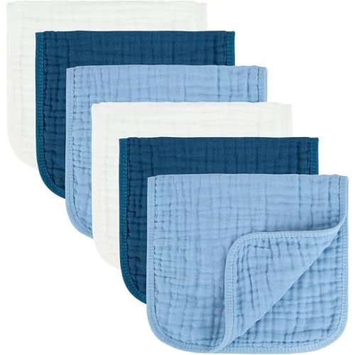 Baby Burp Cloth 100% Cotton Newborn Cotton Muslin Burp Cloth 10x20 inches (White & Blue 6 Pieces)