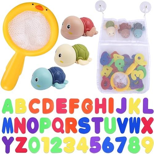 Bath Toys for Toddlers 1-3, Cute Swimming Turtle Bath Toys Set, 36 Foam Bath Letters and Numbers Learning Toys with Bath Toy Storage, Pool Toys for Toddlers Age 1-3 Bath Time for Infant Girls Boys