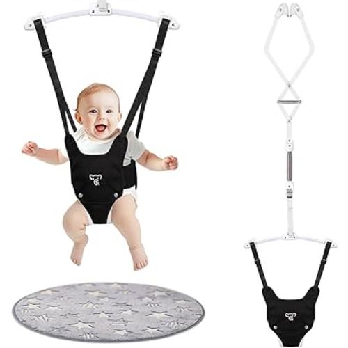 Baby Jumper, Baby Jumper Doorway with Adjustable Strap, Easy to Assemble, with a Soft Rug (Black)