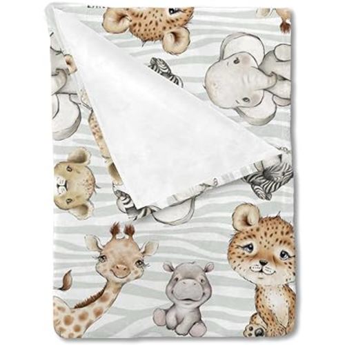 HawSkgFub Safari Jungle African Animal Baby Blanket Boy Girl Gift Gender Neutral, Elephant Giraffe Lion Flannel Fleece Nursery Bed Blankets, Soft Lightweight Newborn Toddler Infant Kid Bedding 30 x 40