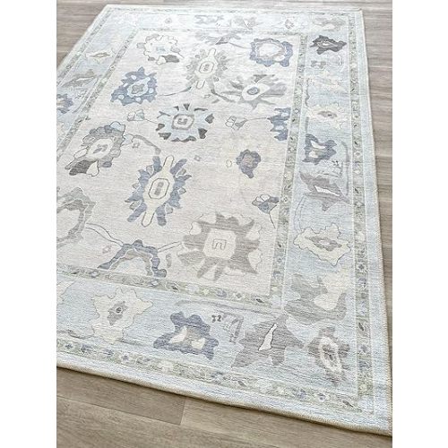 Cream Blue Oushak Rug, Modern, Vintage, Turkish, Eclectic, Floral, Pastel, Washable, Large Area Rugs for Living Room, Dining, Bedroom, Girls, Boys, 7'5"x9'8"