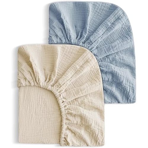 2 Pack Soft Muslin Baby Mini Crib Sheets, 100% Cotton Breathable Double Layer Fitted Sheets for Mini Crib and Pack N Play Mattresses 24x38 Inches, for Baby Girls and Boys (Beige & Grey