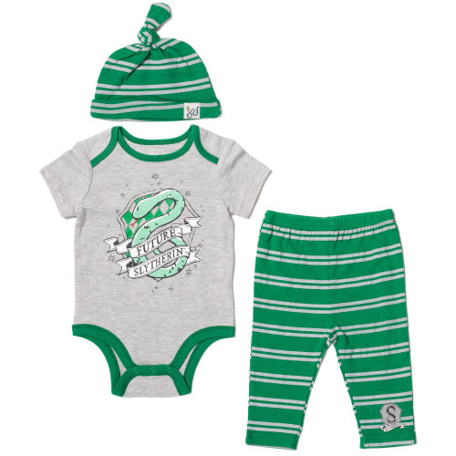 Harry Potter Newborn Baby Boys 3 Piece Outfit Set: Cuddly Bodysuit Pants Hat gray / green 6-9 Months