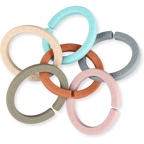Silicone Teether Links, 6 Packs Baby Teether Ring Links Attach Baby Toys to Strollers or Carrier Seat