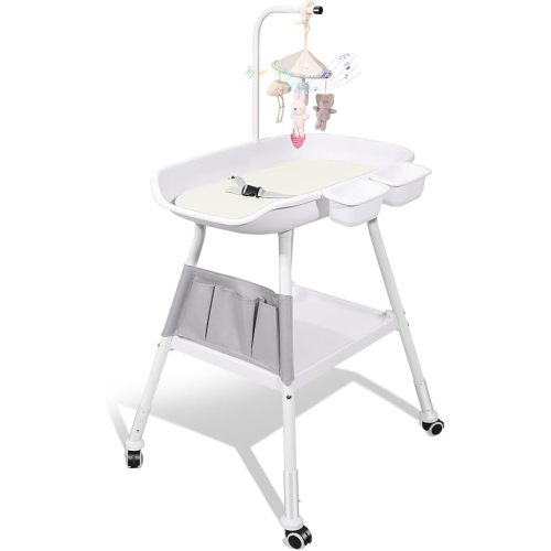 Baby Changing Table, Adjustable Height Diaper Changing Station, Baby Changing Station with Baby Crib Mobile, Changing Pad, Nursery Organizer and Large Storage Rack for Infant, Newborn