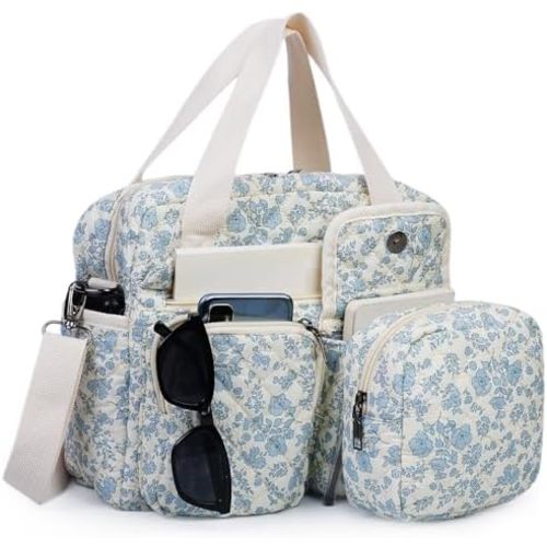 2 PCS/Set Small Cute Floral Quilted Tote Bag with Multi-Pockets for Women, Crossbody Shoulder Everyday Handbags