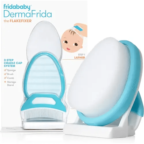 Frida Baby The 3-Step Cradle Cap System, DermaFrida The FlakeFixer, Sponge, Brush, Comb and Storage Stand for Babies with Cradle Cap, White-Blue