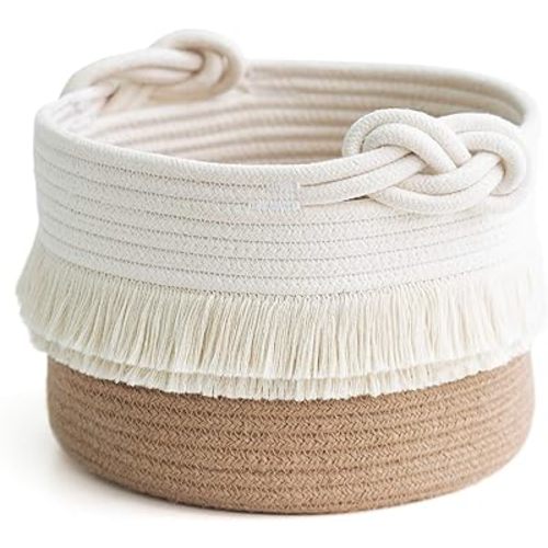 CherryNow Small Woven Storage Baskets Cotton and Jute Rope Decorative Hamper for Diaper, Blankets, Magazine and Keys, Cute Tassel Nursery Decor - Home Storage Container – 9.5'' x 7''