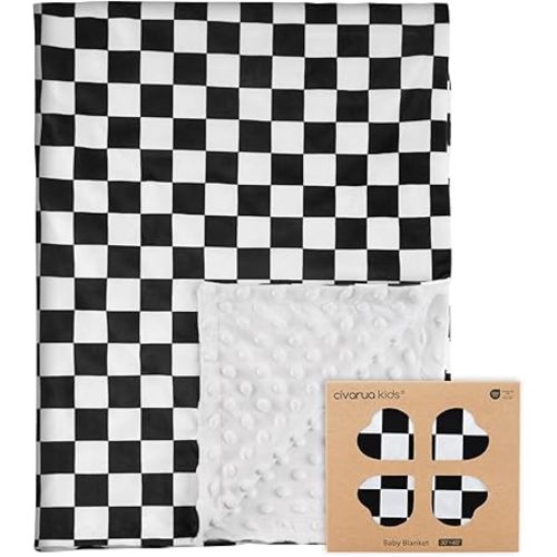 Checkered Baby Blankets for Boys, Comfy Durable Blanket with Double Layer Dotted Backing Checkerboard Grid Chessboard Gingham Bed Blankets for Newborn Infants Black, 30x40 Inches
