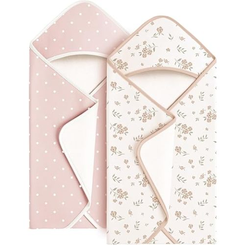 Konssy 2-Pack Hooded Baby Towels, 100% Cotton Ultra-Soft & Absorbent Baby Bath Towels with Hood for Newborn & Infant (Dotty Blush,Blossom)