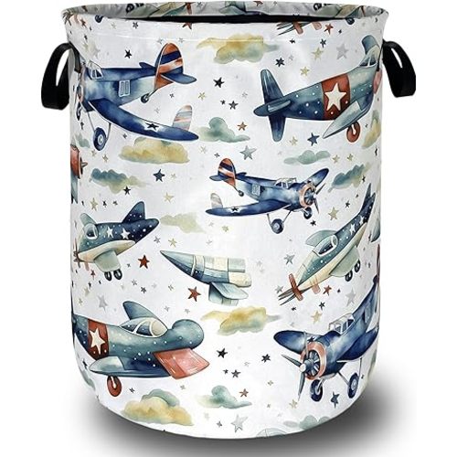 Watercolor Plane Laundry Basket Foldable Cartoon Laundry Hamper Oxford Cloth Plane Printed Colorful Tote Bag Clothes Toy Storage Bucket For Bathroom/Laundry Storage/Bedroom 18.9x16.5 Inch