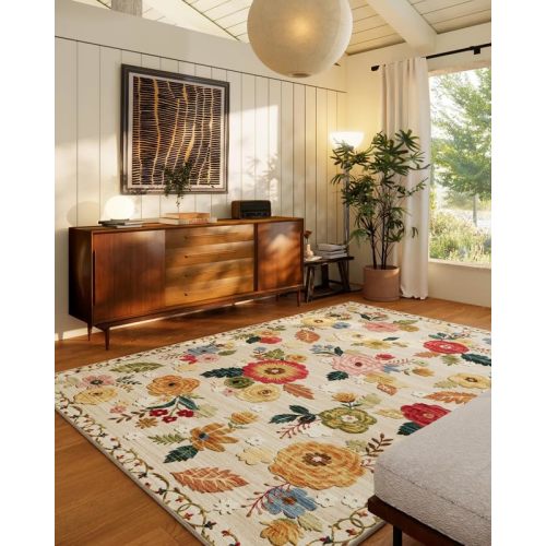 Washable Area Rugs for Living Room: 6x9 Area Rug for Bedroom Vintage Floral Large Rug Stain Resistant Non Slip Low Pile Faux Wool Soft Rugs for Entryway Dining Room Bedside Kitchen Nursery